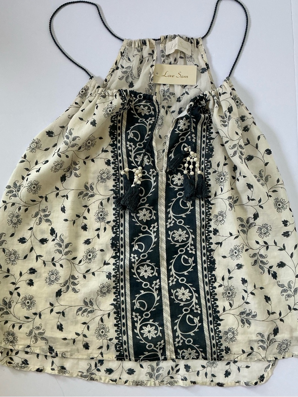Love Sam Cream and Black Floral Halter Camisole with Tassel Detail